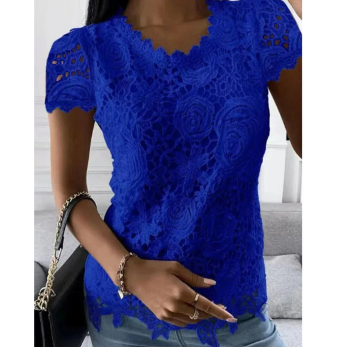 Short Sleeve Lace Top for Women, Perfect for the Summer Season: white, blue short-sleeve lace blouse/top, feminine floral lac