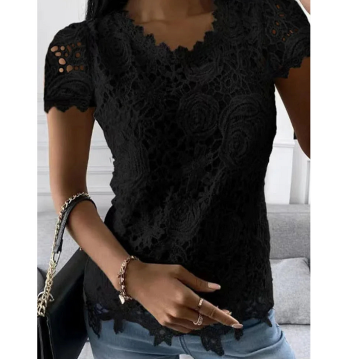 Short Sleeve Lace Top for Women, Perfect for the Summer Season: white, blue short-sleeve lace blouse/top, feminine floral lac