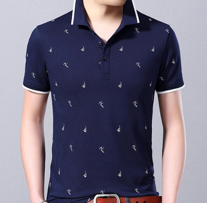 Short-Sleeve Printed Polo for Men: navy blue, white polo shirt, casual style