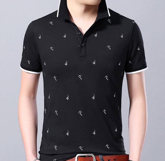 Short-Sleeve Printed Polo for Men: navy blue, white polo shirt, casual style