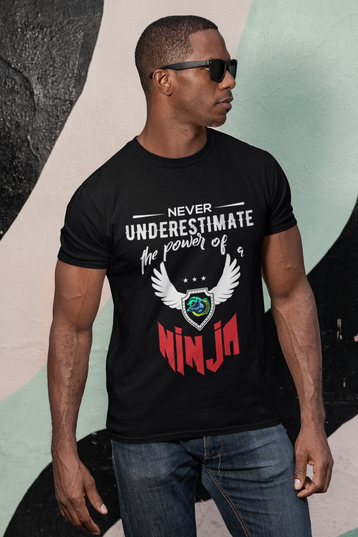 Short Sleeve T-Shirt with Red Ninja Emblem: black, white ninja theme, graphic casual style
