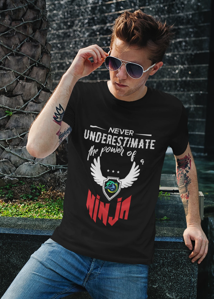 Short Sleeve T-Shirt with Red Ninja Emblem: black, white ninja theme, graphic casual style