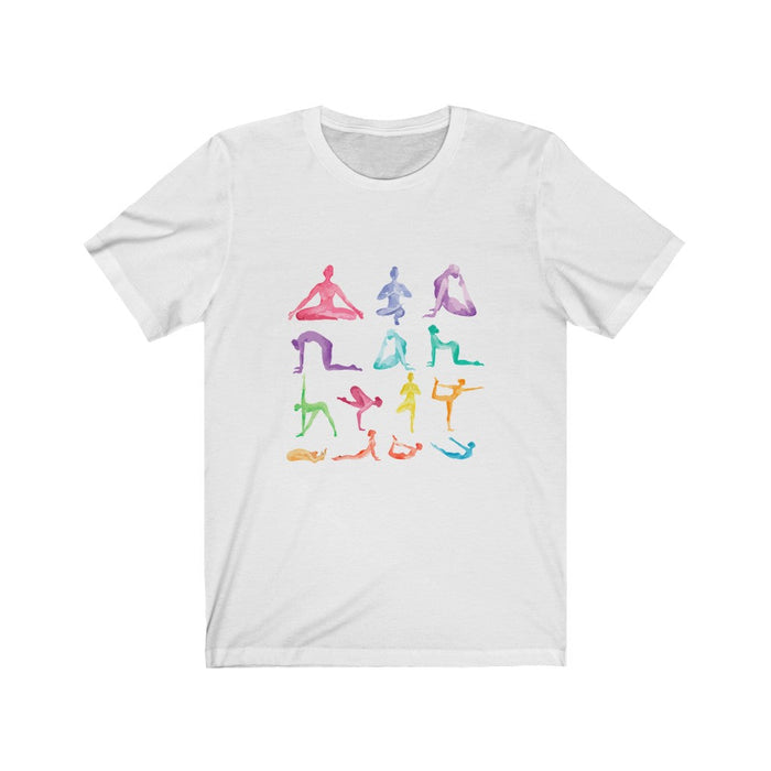 Short Sleeve Tee Featuring Yoga Postures Print: white, pink colorful yoga pose silhouettes, casual graphic style