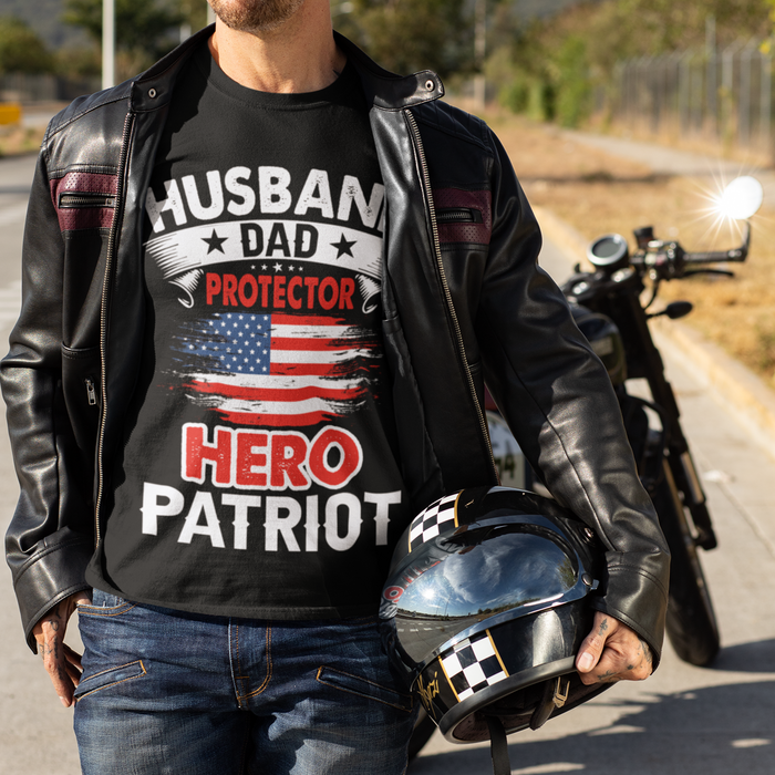 Short Sleeve Tee for the Patriotic Husband and Father: black, white patriotic American flag theme, bold patriotic graphic sty