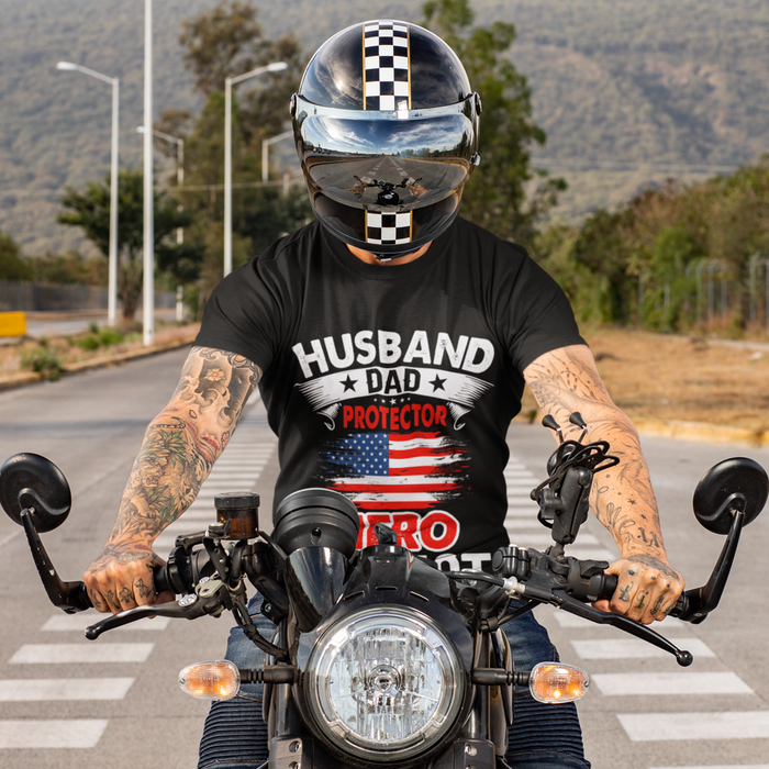 Short Sleeve Tee for the Patriotic Husband and Father: black, white patriotic American flag theme, bold patriotic graphic sty