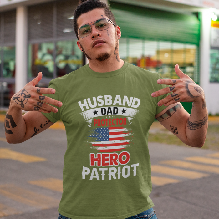 Short Sleeve Tee for the Patriotic Husband and Father: black, white patriotic American flag theme, bold patriotic graphic sty