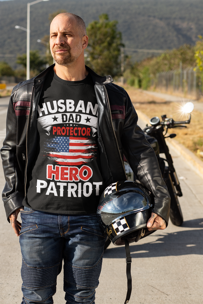 Short Sleeve Tee for the Patriotic Husband and Father: black, white patriotic American flag theme, bold patriotic graphic sty