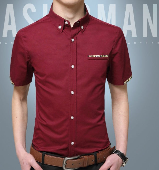 Short-Sleeved Button-Up Shirt for Men: burgundy red, black short-sleeve button-up shirt, casual fitted style