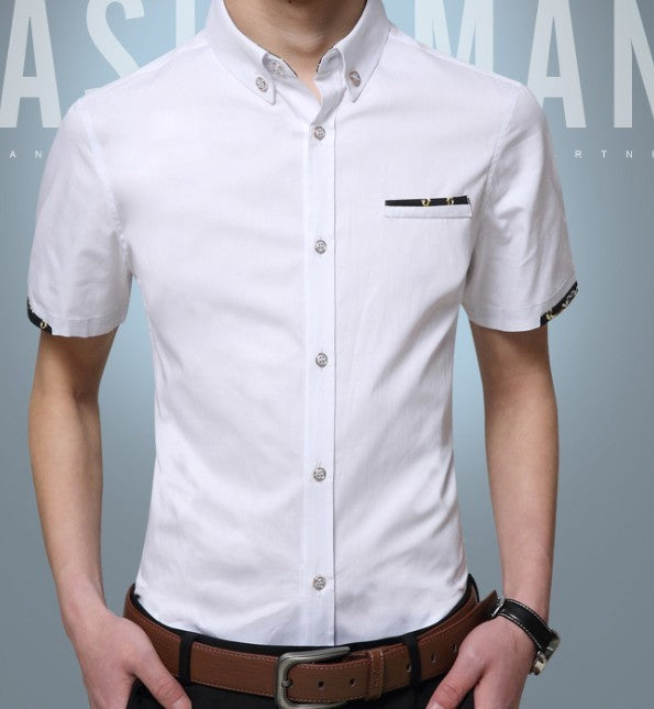 Short-Sleeved Button-Up Shirt for Men: burgundy red, black short-sleeve button-up shirt, casual fitted style