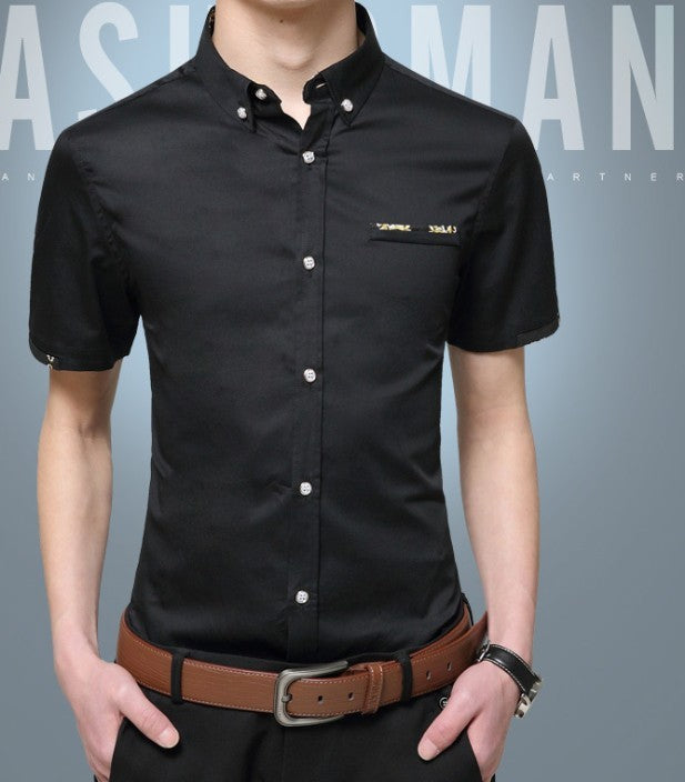 Short-Sleeved Button-Up Shirt for Men: burgundy red, black short-sleeve button-up shirt, casual fitted style