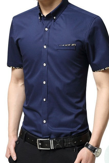 Short-Sleeved Button-Up Shirt for Men: burgundy red, black short-sleeve button-up shirt, casual fitted style