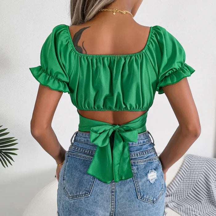 Short-Sleeved Chiffon Top for Women's Summer Wear: light blue women's cropped blouse/top, feminine casual style