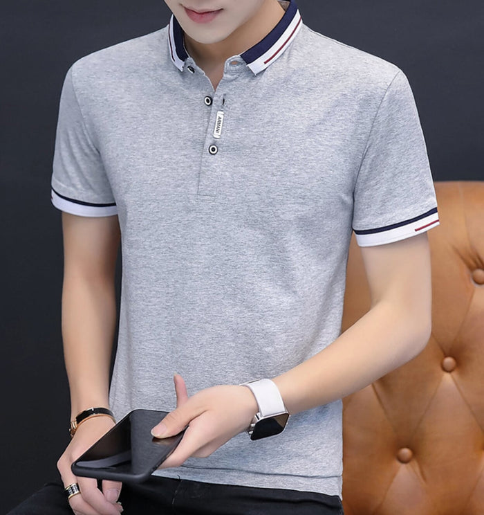 Short-Sleeved Polo Shirt for Men with Distinctive Collar Embellishments: light gray, navy blue short-sleeve polo shirt, casua