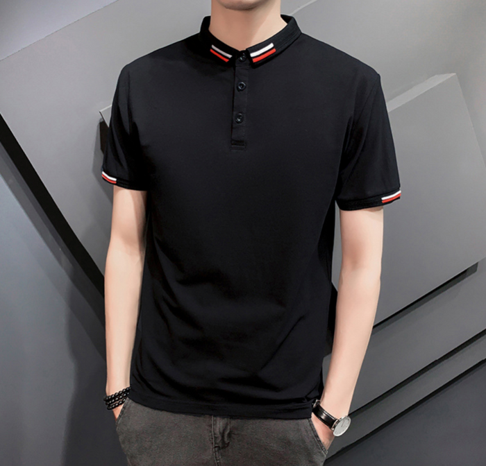 Short-Sleeved Polo Shirt for Men with Distinctive Collar Embellishments: black, white short-sleeve polo shirt, minimal style