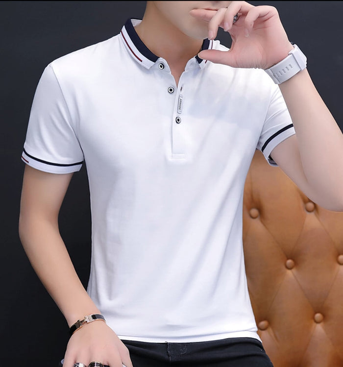 Short-Sleeved Polo Shirt for Men with Distinctive Collar Embellishments: light gray, navy blue short-sleeve polo shirt, casua