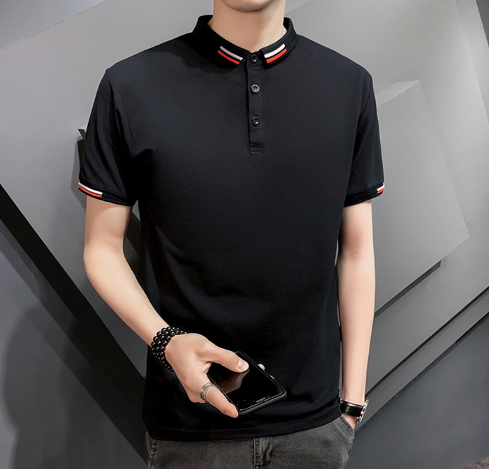 Short-Sleeved Polo Shirt for Men with Distinctive Collar Embellishments: black, white short-sleeve polo shirt, minimal style