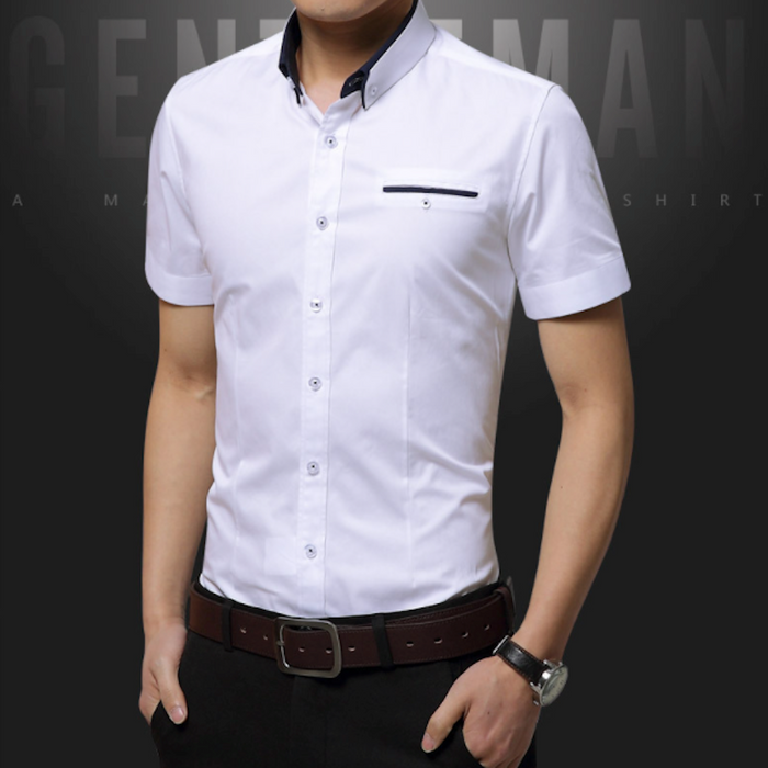 Short-Sleeved Shirt for Men with Unique Dual Collar Style: white, black short-sleeve button-up shirt, minimal style