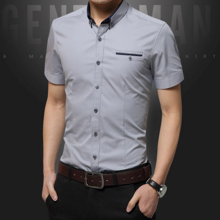 Short-Sleeved Shirt for Men with Unique Dual Collar Style: white, black short-sleeve button-up shirt, minimal style