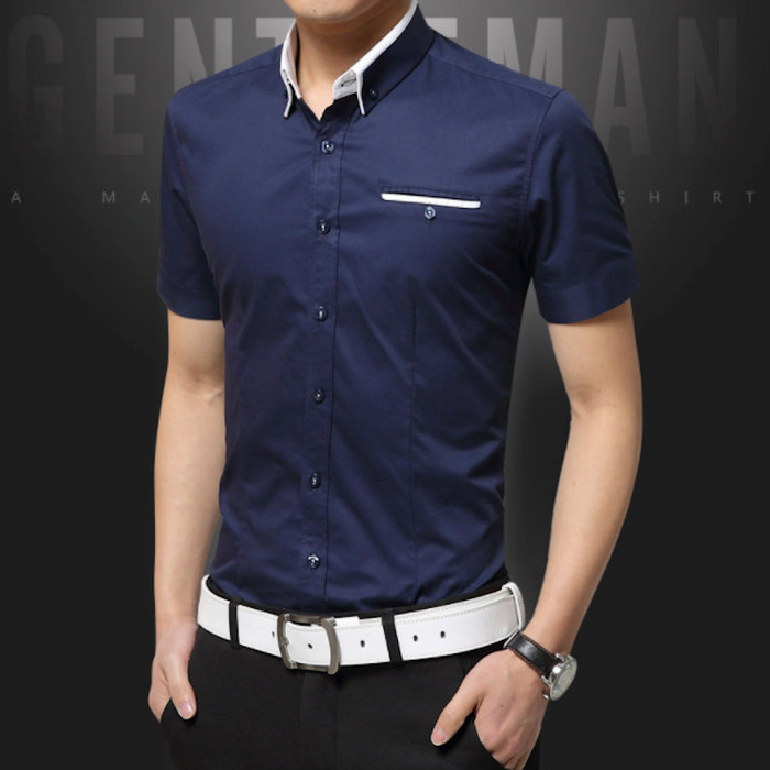 Short-Sleeved Shirt for Men with Unique Dual Collar Style: white, black short-sleeve button-up shirt, minimal style