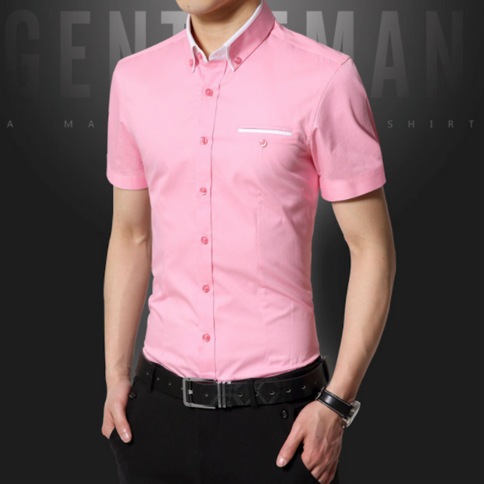 Short-Sleeved Shirt for Men with Unique Dual Collar Style: white, black short-sleeve button-up shirt, minimal style