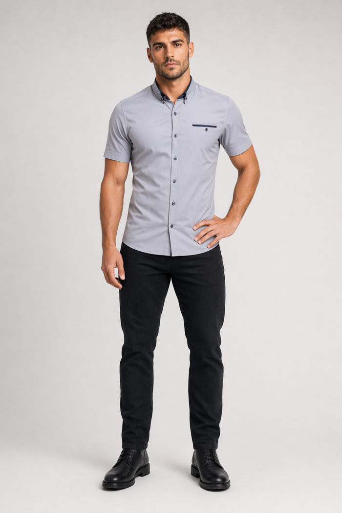 Short-Sleeved Shirt for Men with Unique Dual Collar Style Gray