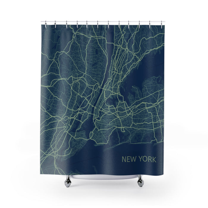 Shower Curtain Featuring a Map of New York City: dark navy blue, muted green New York city map, minimal, cartographic style