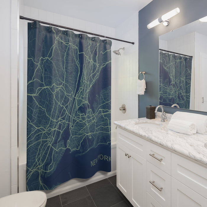 Shower Curtain Featuring a Map of New York City: dark navy blue, muted green New York city map, minimal, cartographic style