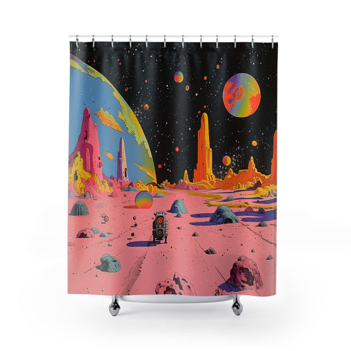 Shower Curtain Featuring Vintage Robot in Space Design: black, pink surreal outer-space alien landscape, retro psychedelic sc