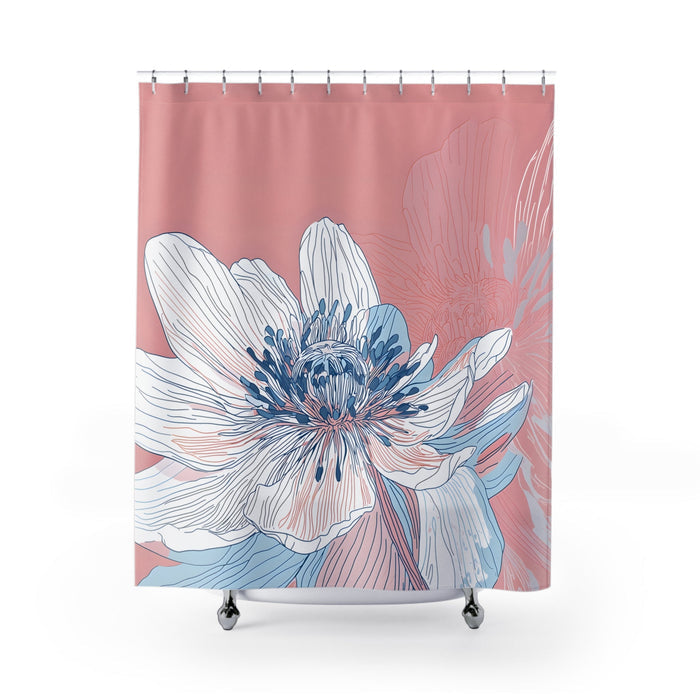 Shower Curtain with Anemone Flower Pattern: dusty pink, white large floral design, botanical illustration style
