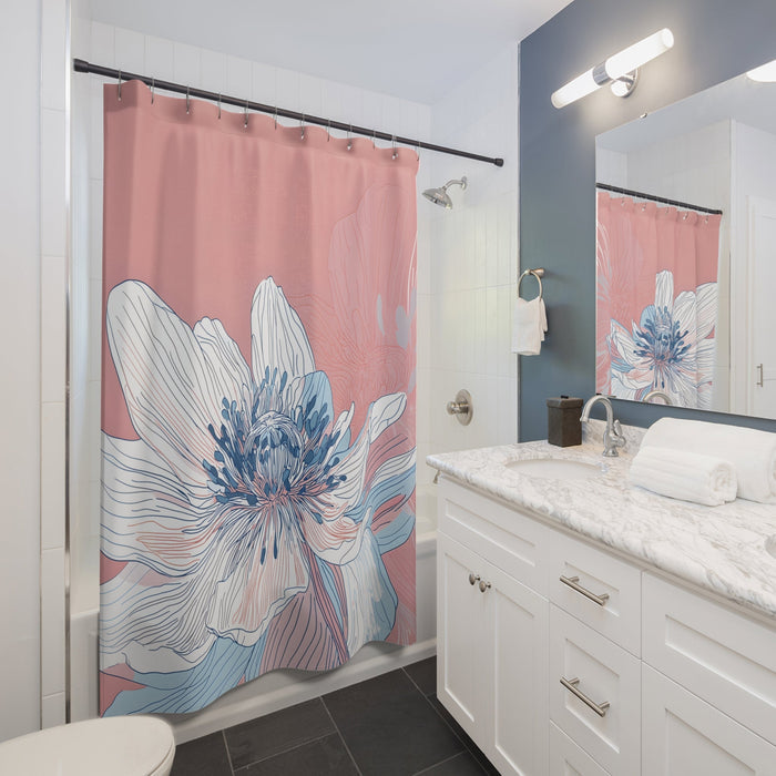 Shower Curtain with Anemone Flower Pattern: dusty pink, white large floral design, botanical illustration style