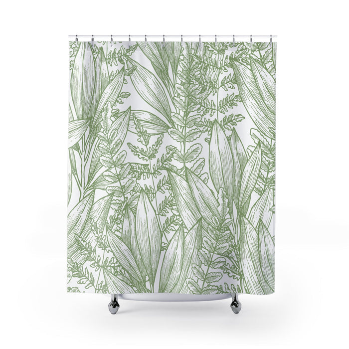 Shower Curtain with Leafy Silhouette Design: white, green botanical foliage, botanical line drawing style