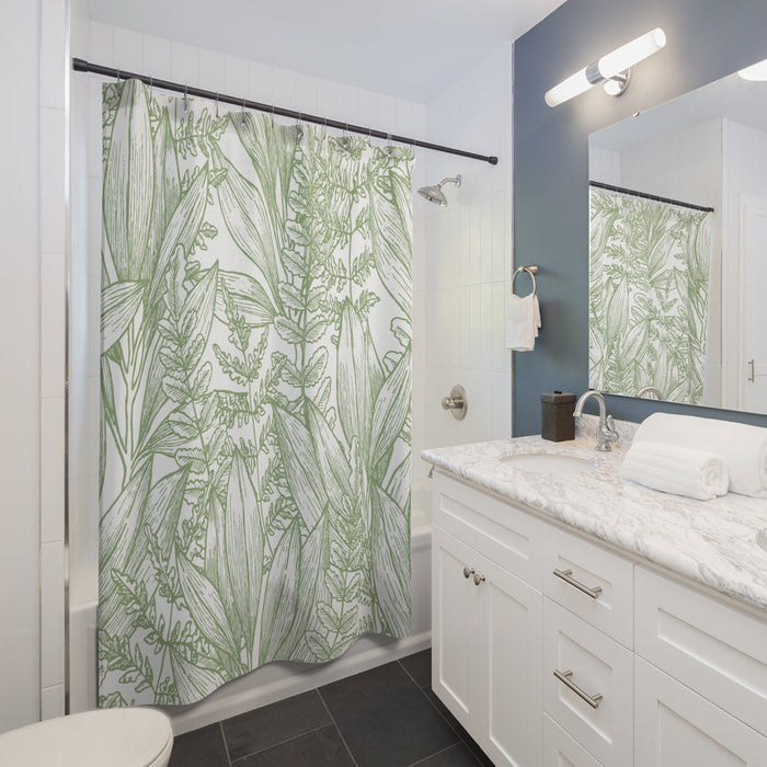 Shower Curtain with Leafy Silhouette Design: white, green botanical foliage, botanical line drawing style