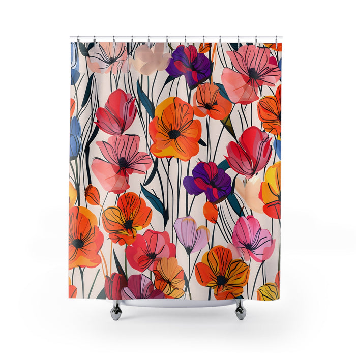 Shower Curtain with Primrose Design: white, pink floral pattern, bold botanical illustration style