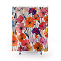 Shower Curtain with Primrose Design: white, pink floral pattern, bold botanical illustration style