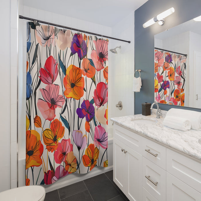 Shower Curtain with Primrose Design: white, pink floral pattern, bold botanical illustration style