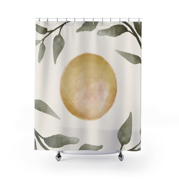 Shower Curtain with Sun and Foliage Design: white, olive green botanical leaf and abstract sun motif, minimal botanical water