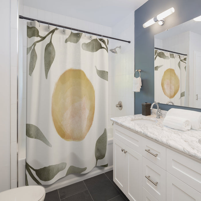 Shower Curtain with Sun and Foliage Design: white, olive green botanical leaf and abstract sun motif, minimal botanical water