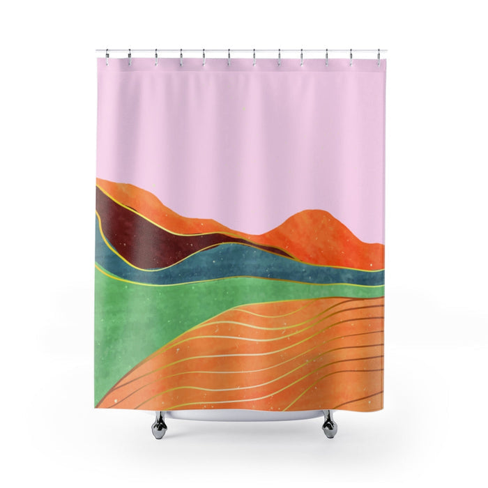 Shower Curtains Depicting Toscana's Scenery: light pink, orange abstract landscape, abstract modern style