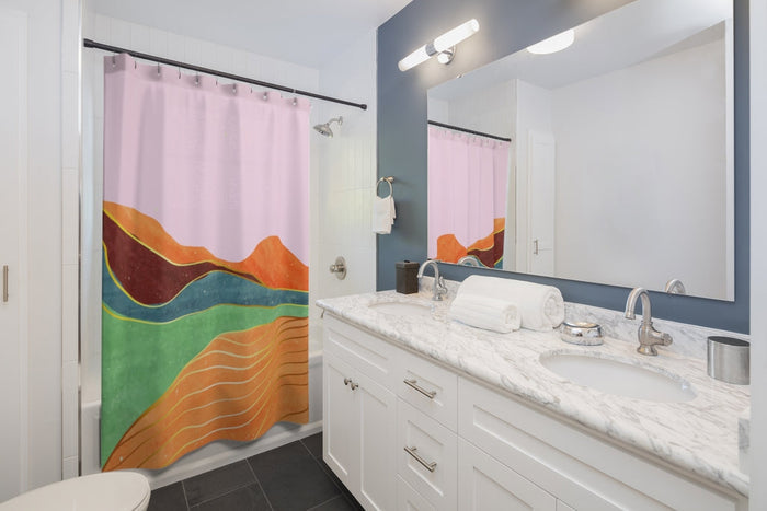 Shower Curtains Depicting Toscana's Scenery: light pink, orange abstract landscape, abstract modern style