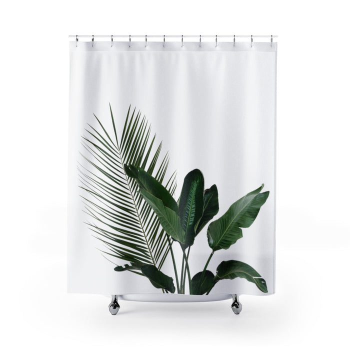 Shower Curtains Featuring House Plants: white, dark green tropical plant leaves, minimal botanical style