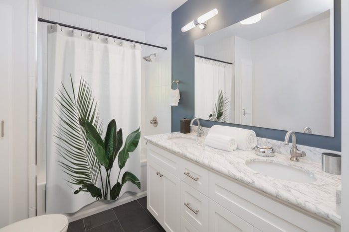 Shower Curtains Featuring House Plants: white, dark green tropical plant leaves, minimal botanical style