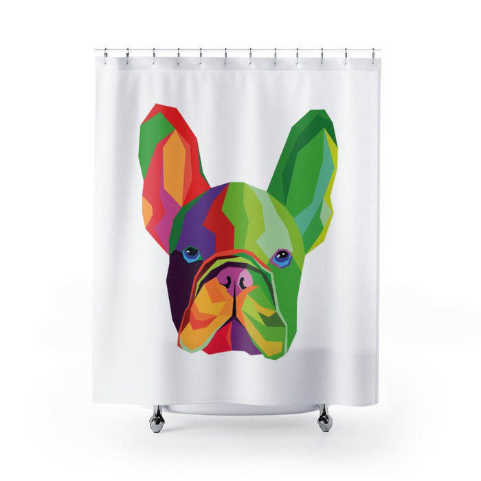 Shower Curtains with a French Twist: white, green French bulldog, colorful geometric cartoon style