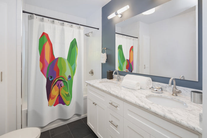 Shower Curtains with a French Twist: white, green French bulldog, colorful geometric cartoon style