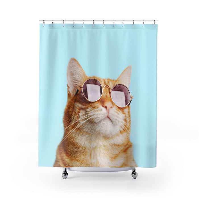 Shower Curtains with Cat Theme Rules: light blue, orange orange tabby cat, playful cartoon-like photo print style