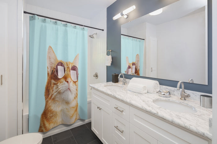 Shower Curtains with Cat Theme Rules: light blue, orange orange tabby cat, playful cartoon-like photo print style