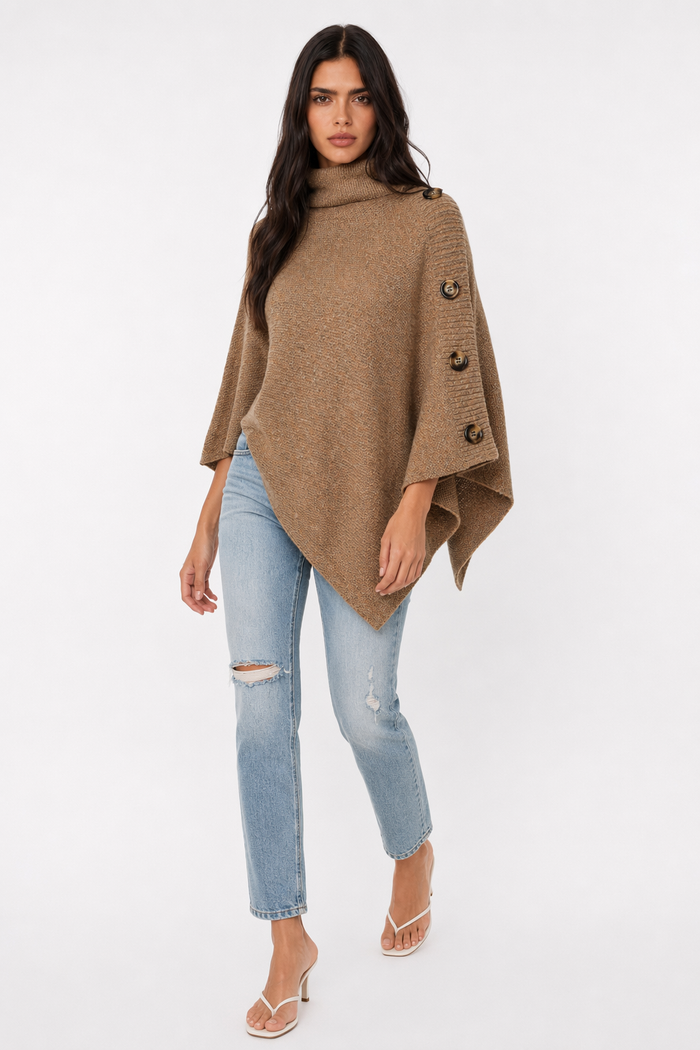 Side Button Detailed Turtleneck Poncho for Women Khaki