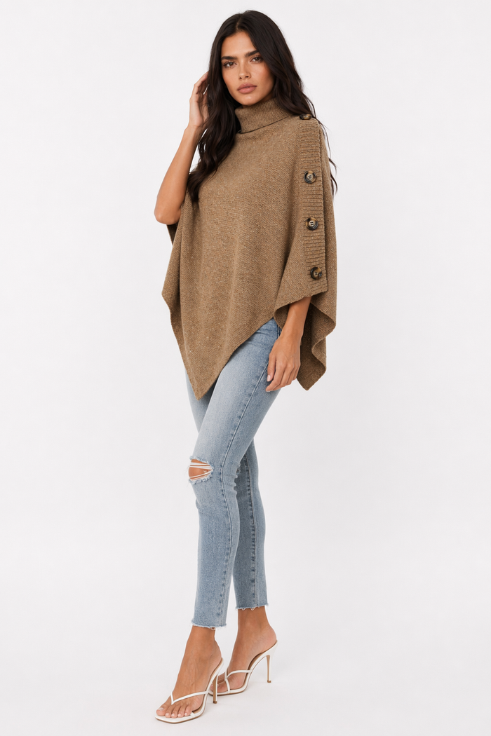 Side Button Detailed Turtleneck Poncho for Women Khaki