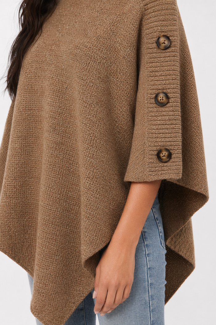 Side Button Detailed Turtleneck Poncho for Women Khaki