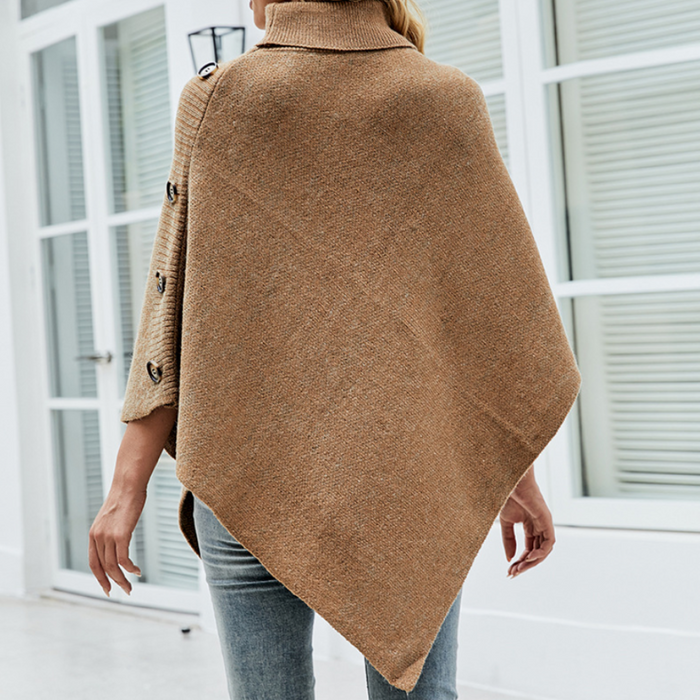 Side Button Detailed Turtleneck Poncho for Women: brown, tan poncho sweater, casual minimal style