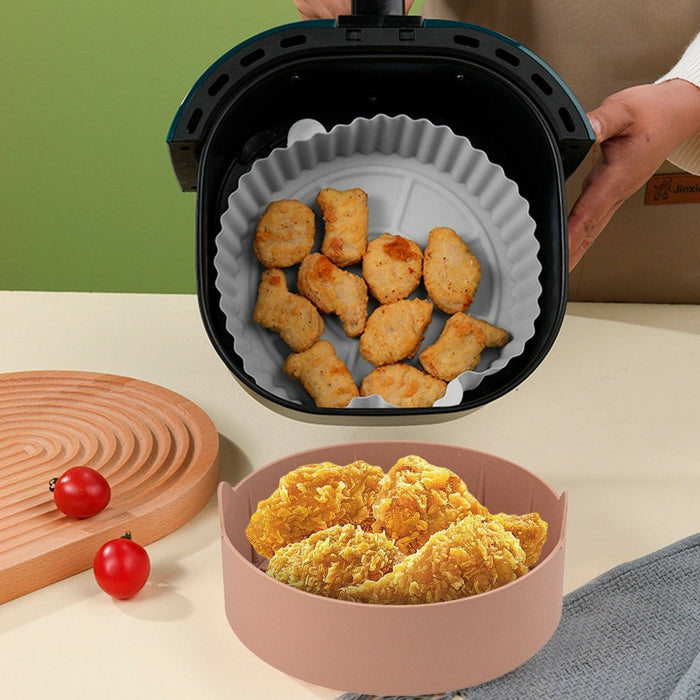 Silicone Basket for Air Frying in a Circular Form: light gray air fryer basket liner, minimal style